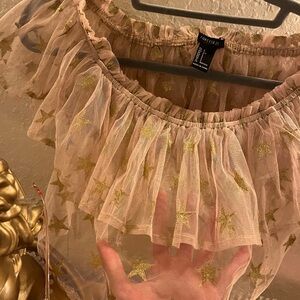 Tan and gold off the shoulder crop top / cute for the 4th of July